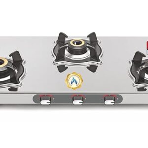 Sujata Gas Stove | 9 Years Warranty | Auto Ignition Gas Stove 3 Burner, Steel Body, SABAF, ISI Certified, LPG & PNG Compatible, Jumbo Pack with Brass Burner (Sterno, Stainless Steel)